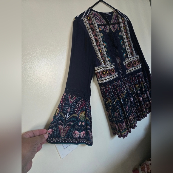 Aqua Navy and Colorful Embroidered Boho Blouse Skze XS - Picture 3 of 5